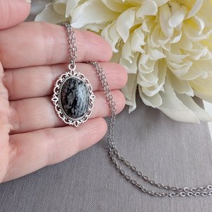 Snowflake Obsidian Necklace, Natural Stone Pendant, Healing Crystal Jewelry, Black and White Gemstone Necklace