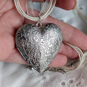 Puffy Heart Choker Necklace, Silver Photo Locket Memory Pendant, Keepsake Gift for Her