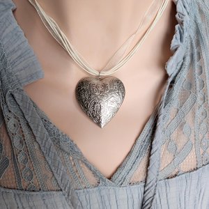 Puffy Heart Choker Necklace, Silver Photo Locket Memory Pendant, Keepsake Gift for Her