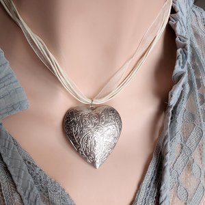 Puffy Heart Choker Necklace, Silver Photo Locket Memory Pendant, Keepsake Gift for Her