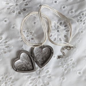 Puffy Heart Choker Necklace, Silver Photo Locket Memory Pendant, Keepsake Gift for Her
