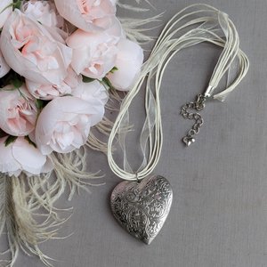Puffy Heart Choker Necklace, Silver Photo Locket Memory Pendant, Keepsake Gift for Her