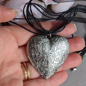 Silver Floral Engraved Puffy Heart Locket Choker Necklace with Black Ribbon, Vintage Style Statement Jewelry, Gift for Her