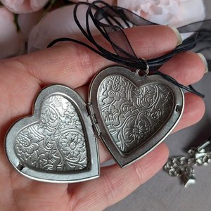 Silver Floral Engraved Puffy Heart Locket Choker Necklace with Black Ribbon, Vintage Style Statement Jewelry, Gift for Her
