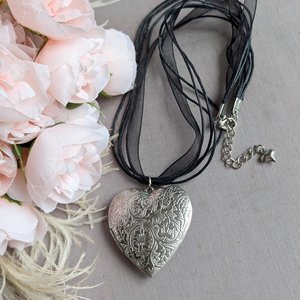 Silver Floral Engraved Puffy Heart Locket Choker Necklace with Black Ribbon, Vintage Style Statement Jewelry, Gift for Her