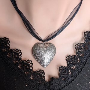 Silver Floral Engraved Puffy Heart Locket Choker Necklace with Black Ribbon, Vintage Style Statement Jewelry, Gift for Her