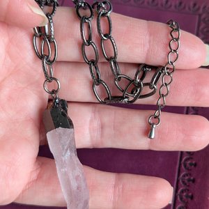 Raw Crystal Quartz Point Pendant with Electroplated Gunmetal and Paperclip Chain, Edgy Statement Jewelry for Boho and Crystal Lovers