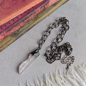 Raw Crystal Quartz Point Pendant with Electroplated Gunmetal and Paperclip Chain, Edgy Statement Jewelry for Boho and Crystal Lovers