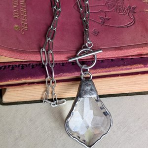 Clear Crystal Teardrop Pendant with Antiqued Silver Solder on Paperclip Chain with Toggle Closure, Edgy Statement Necklace