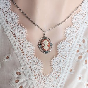 Oval Cameo Pendant with Antiqued Silver Leaf Details, Victorian Necklace Gift for Vintage Lovers and Nature Enthusiasts