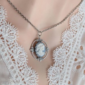 Oval Cameo Pendant with Antiqued Silver Leaf Details, Victorian Necklace Gift for Vintage Lovers and Nature Enthusiasts