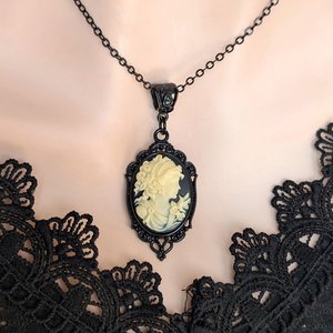 Gothic Black Cameo Necklace, Ivory on Black Goddess Portrait Cameo, Vampire Jewelry, Vintage Style Dark Academia, Gift for Girlfriend