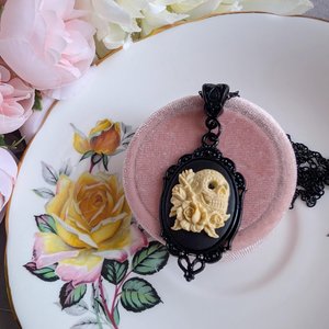 Gothic Sugar Skull Cameo Necklace, Ivory on Black Sugar Skull in Ornate Black Setting, Day of the Dead & Halloween Jewelry