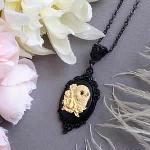 Gothic Sugar Skull Cameo Necklace, Ivory on Black Sugar Skull in Ornate Black Setting, Day of the Dead & Halloween Jewelry