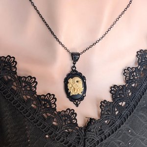 Gothic Sugar Skull Cameo Necklace, Ivory on Black Sugar Skull in Ornate Black Setting, Day of the Dead & Halloween Jewelry