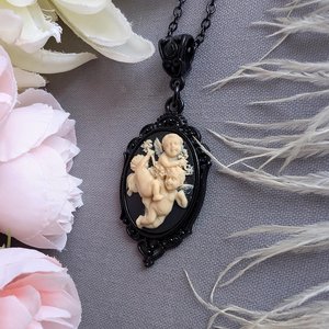 Gothic Cherub Cameo Necklace, Ornate Black Setting with Three Angels in Ivory on Black Cameo, Religious Jewelry, Vintage Style Dark Romance