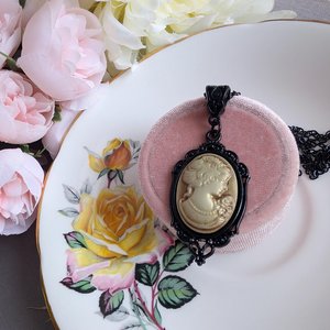 Gothic Sepia Toned Cameo Necklace in Ornate Black Setting, Vintage Inspired Jewelry, Victorian Steampunk, Dark Romance