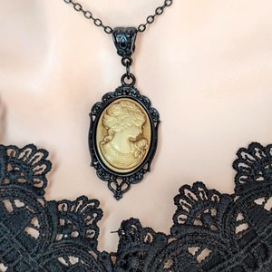 Gothic Sepia Toned Cameo Necklace in Ornate Black Setting, Vintage Inspired Jewelry, Victorian Steampunk, Dark Romance