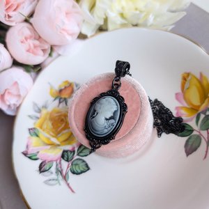 Gothic Blue Cameo Necklace in Ornate Black Setting, Dark Vintage Inspired Jewelry, Gift for Girlfriend