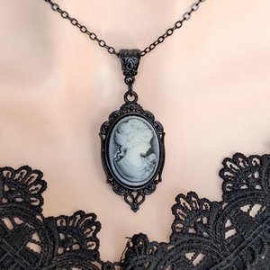 Gothic Blue Cameo Necklace in Ornate Black Setting, Dark Vintage Inspired Jewelry, Gift for Girlfriend
