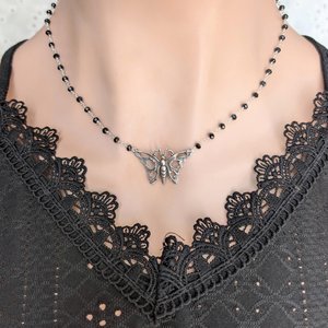 Silver Butterfly Choker Necklace with Black Rosary Chain, Art Nouveau Pendant, Dark Cottage Core Whimsigothic Jewelry