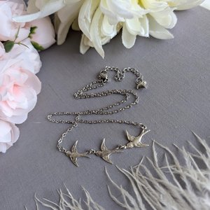 Silver Swallow Necklace, Three Bird Pendant, Minimalist Nature Inspired Jewelry, Symbolic Swallow Charm