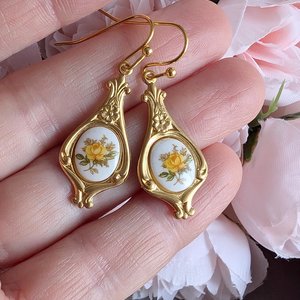 Yellow Rose Limoges Earrings with Golden Teardrop Pendants, Elegant Floral Art Nouveau Jewelry