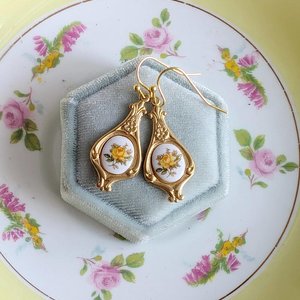 Yellow Rose Limoges Earrings with Golden Teardrop Pendants, Elegant Floral Art Nouveau Jewelry