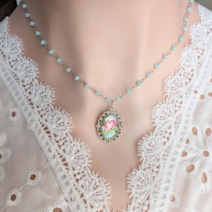 Floral Pendant Necklace with Aqua Chalcedony Rosary Chain, Elegant Flower Charm Jewelry, Vintage Inspired Delicate Aqua Gemstone Necklace