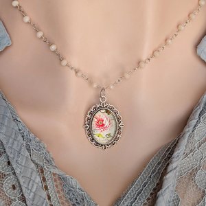 Floral Pendant Necklace with Pink  Opal Rosary Chain, Elegant Peony Flower Charm Jewelry, Vintage Inspired Delicate Pink Gemstone Necklace