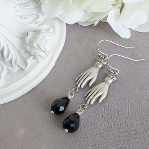 Victorian Hand Earrings in Antiqued Silver Finish with Black Beads, Gothic Vintage Inspired Jewelry
