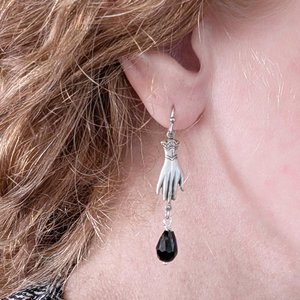 Victorian Hand Earrings in Antiqued Silver Finish with Black Beads, Gothic Vintage Inspired Jewelry