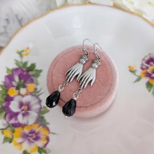 Victorian Hand Earrings in Antiqued Silver Finish with Black Beads, Gothic Vintage Inspired Jewelry