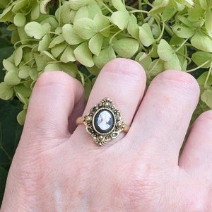 Antiqued Gold Cameo Ring, Victorian Costume Jewelry, Adjustable Size