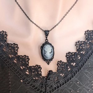 Gothic Blue Cameo Necklace in Ornate Black Setting, Dark Vintage Inspired Jewelry, Gift for Girlfriend