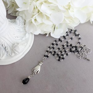 Victorian Hand Necklace, Gothic Jewelry, Black Goth Wedding, Retro Vintage Style, Rosary Bead Gift for Her, Girlfriend Gift