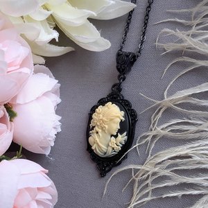 Gothic Black Cameo Necklace, Ivory on Black Goddess Portrait Cameo, Vampire Jewelry, Vintage Style Dark Academia, Gift for Girlfriend