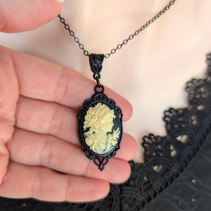 Gothic Black Cameo Necklace, Ivory on Black Goddess Portrait Cameo, Vampire Jewelry, Vintage Style Dark Academia, Gift for Girlfriend