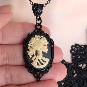 Gothic Lady Skull Cameo Necklace, Skeleton Portrait Cameo, Halloween Jewelry, Vintage Style Dark Academia, Gift for Girlfriend