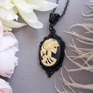 Gothic Lady Skull Cameo Necklace, Skeleton Portrait Cameo, Halloween Jewelry, Vintage Style Dark Academia, Gift for Girlfriend