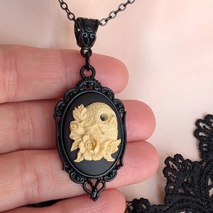 Gothic Sugar Skull Cameo Necklace, Ivory on Black Sugar Skull in Ornate Black Setting, Day of the Dead & Halloween Jewelry