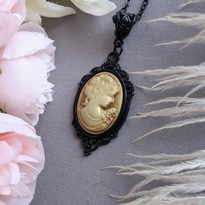 Gothic Sepia Toned Cameo Necklace in Ornate Black Setting, Vintage Inspired Jewelry, Victorian Steampunk, Dark Romance