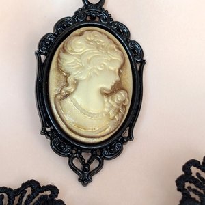 Gothic Sepia Toned Cameo Necklace in Ornate Black Setting, Vintage Inspired Jewelry, Victorian Steampunk, Dark Romance
