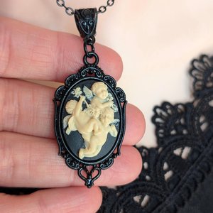 Gothic Cherub Cameo Necklace, Ornate Black Setting with Three Angels in Ivory on Black Cameo, Religious Jewelry, Vintage Style Dark Romance