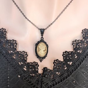 Gothic Sepia Toned Cameo Necklace in Ornate Black Setting, Vintage Inspired Jewelry, Victorian Steampunk, Dark Romance