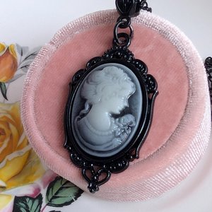 Gothic Blue Cameo Necklace in Ornate Black Setting, Dark Vintage Inspired Jewelry, Gift for Girlfriend