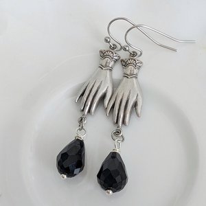 Victorian Hand Earrings in Antiqued Silver Finish with Black Beads, Gothic Vintage Inspired Jewelry