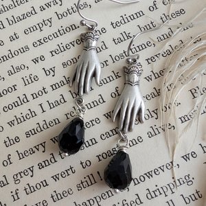 Victorian Hand Earrings in Antiqued Silver Finish with Black Beads, Gothic Vintage Inspired Jewelry