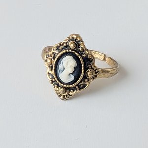Antiqued Gold Cameo Ring, Victorian Costume Jewelry, Adjustable Size