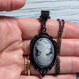 Gothic Blue Cameo Necklace in Ornate Black Setting, Dark Vintage Inspired Jewelry, Gift for Girlfriend